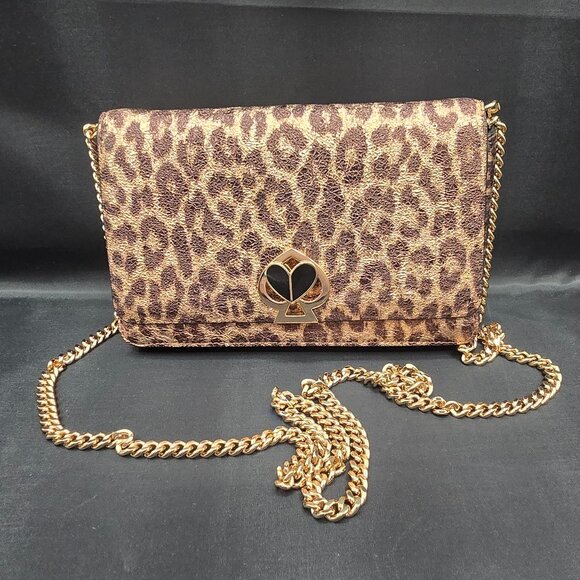 Kate Spade Nicola Metallic Shimmer Leopard Twistlock Chain Wallet Crossbody Rose - Picture 1 of 8